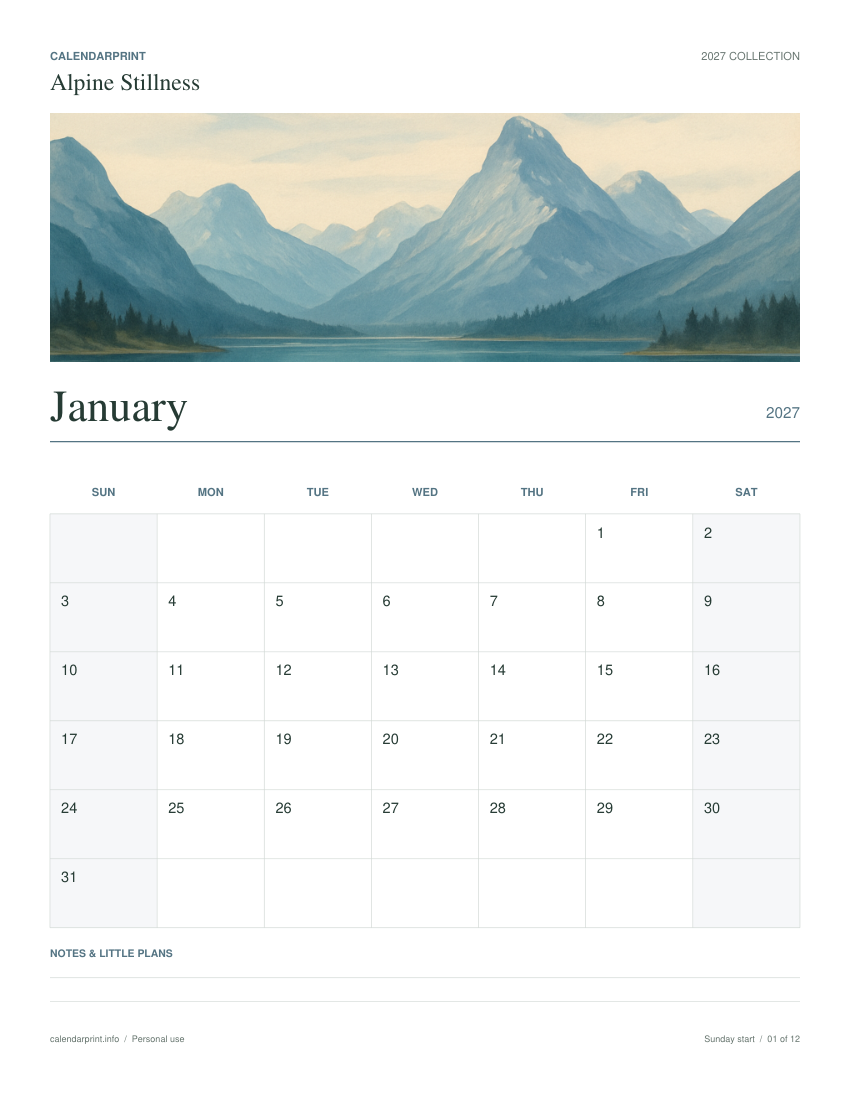 Alpine Stillness January 2027 printable calendar preview