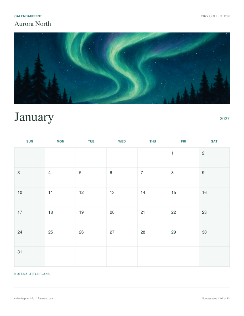 Aurora North January 2027 printable calendar preview
