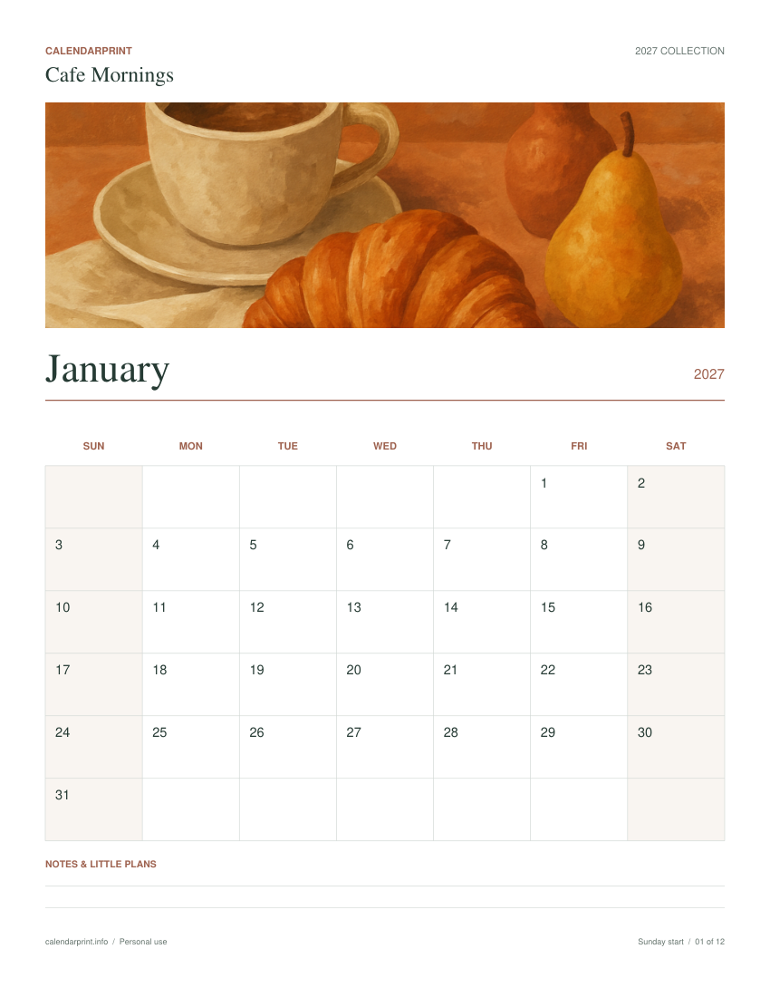 Cafe Mornings January 2027 printable calendar preview