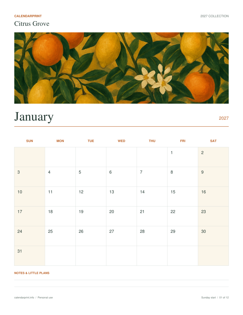 Citrus Grove January 2027 printable calendar preview