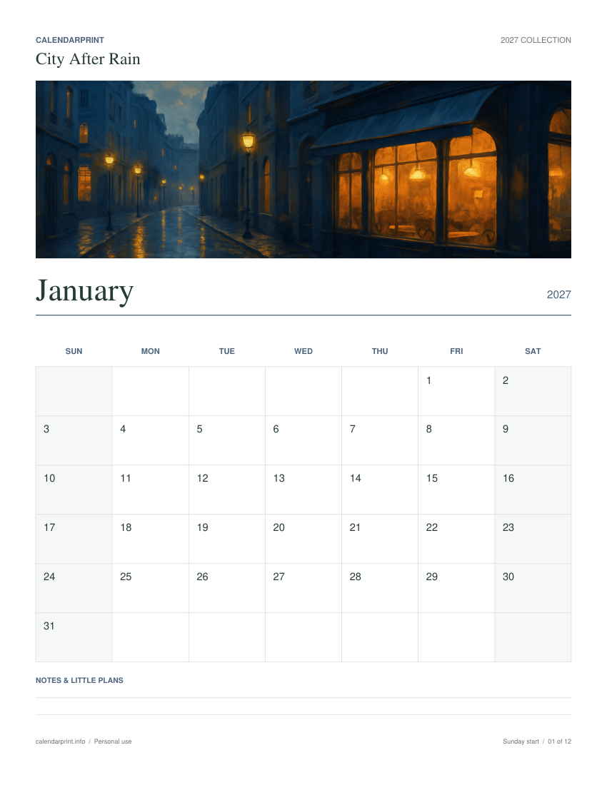 City After Rain January 2027 printable calendar preview