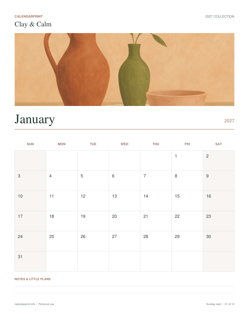 Clay & Calm January 2027 printable calendar preview