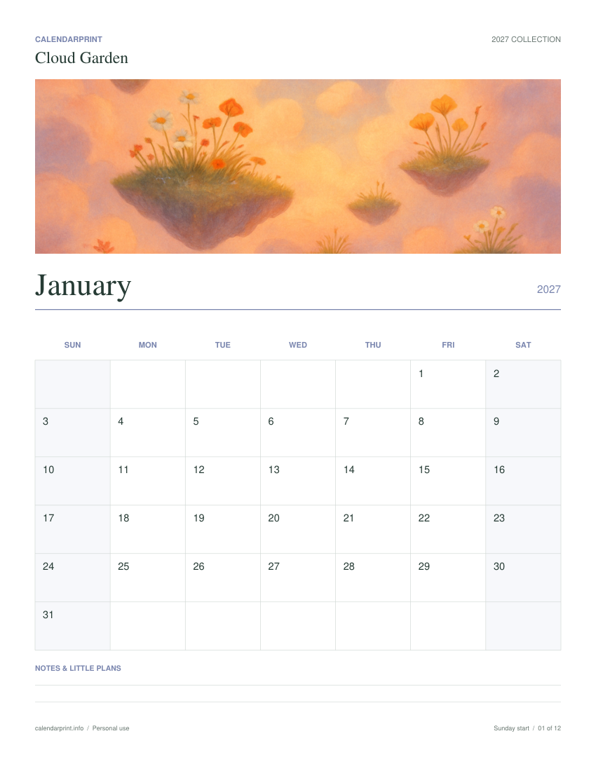 Cloud Garden January 2027 printable calendar preview