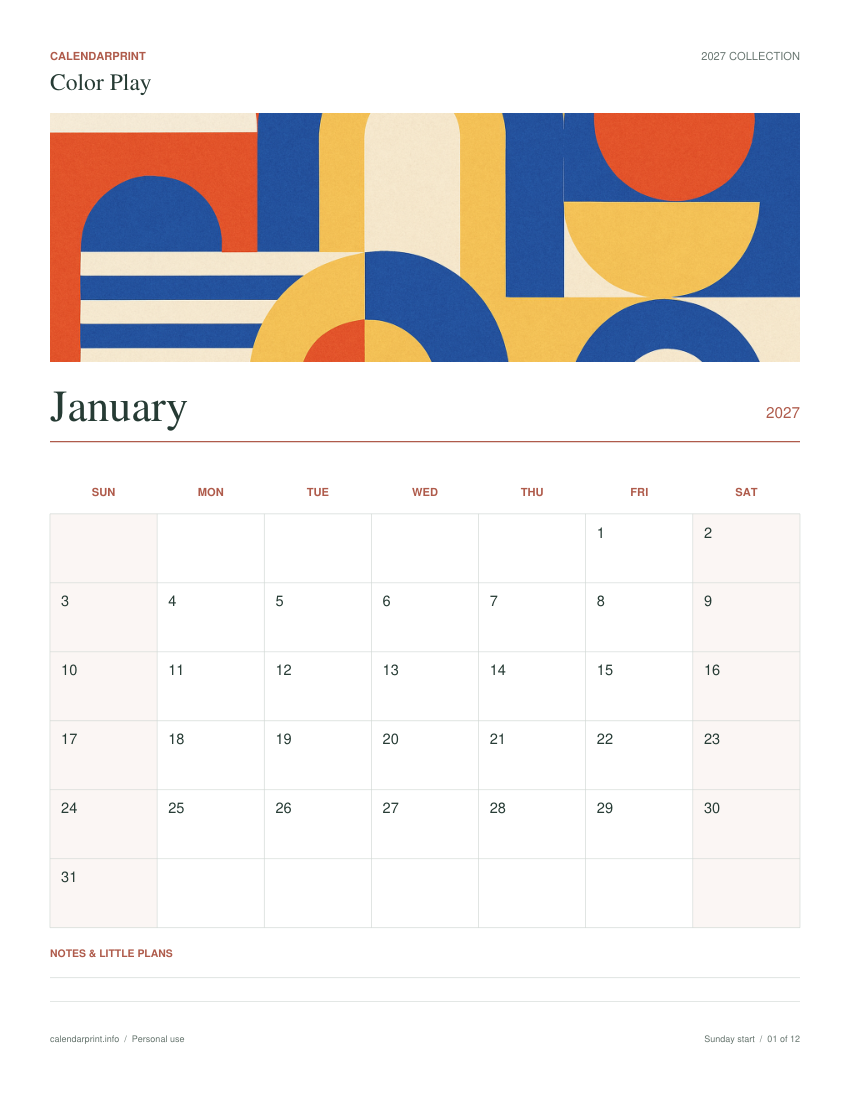 Color Play January 2027 printable calendar preview