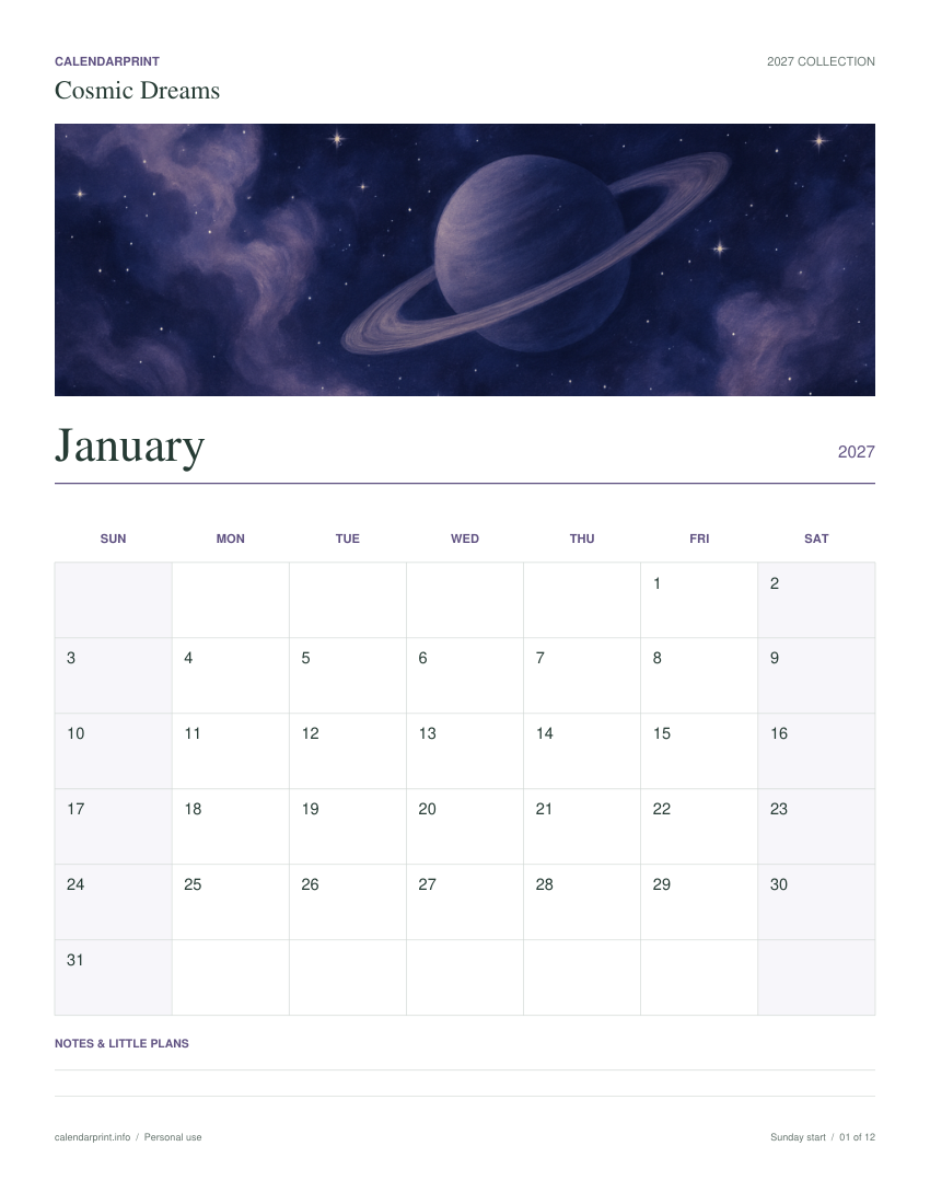 Cosmic Dreams January 2027 printable calendar preview