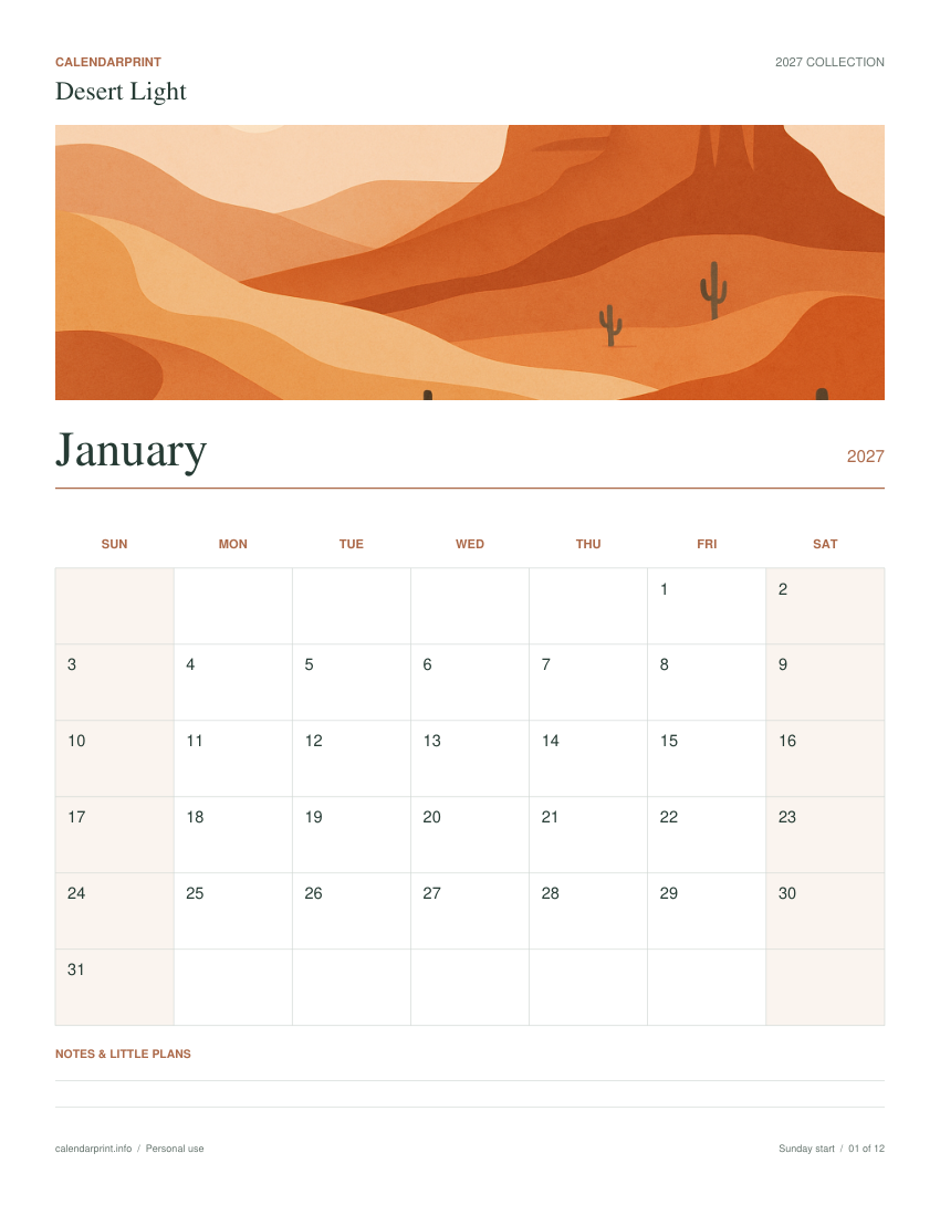 Desert Light January 2027 printable calendar preview