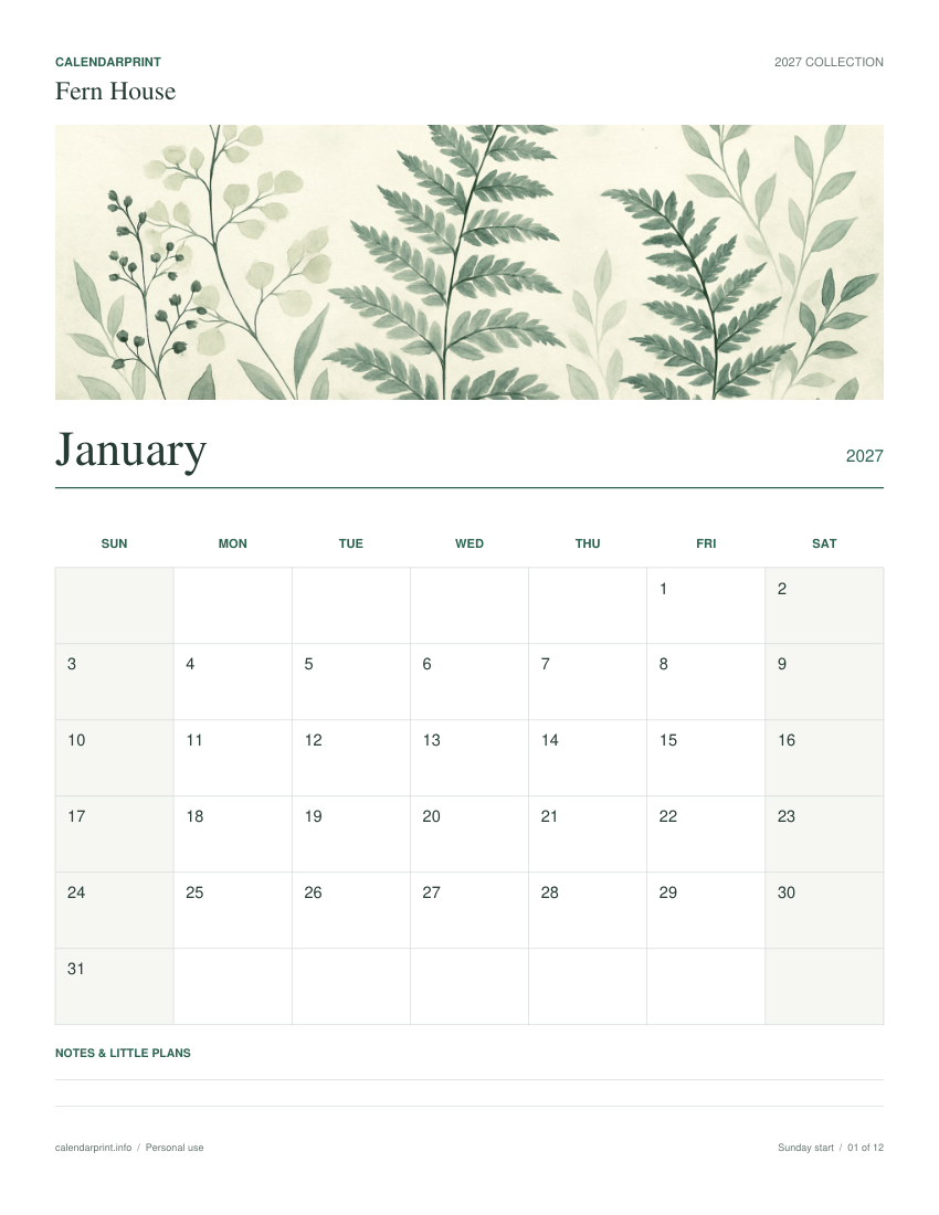 Fern House January 2027 printable calendar preview