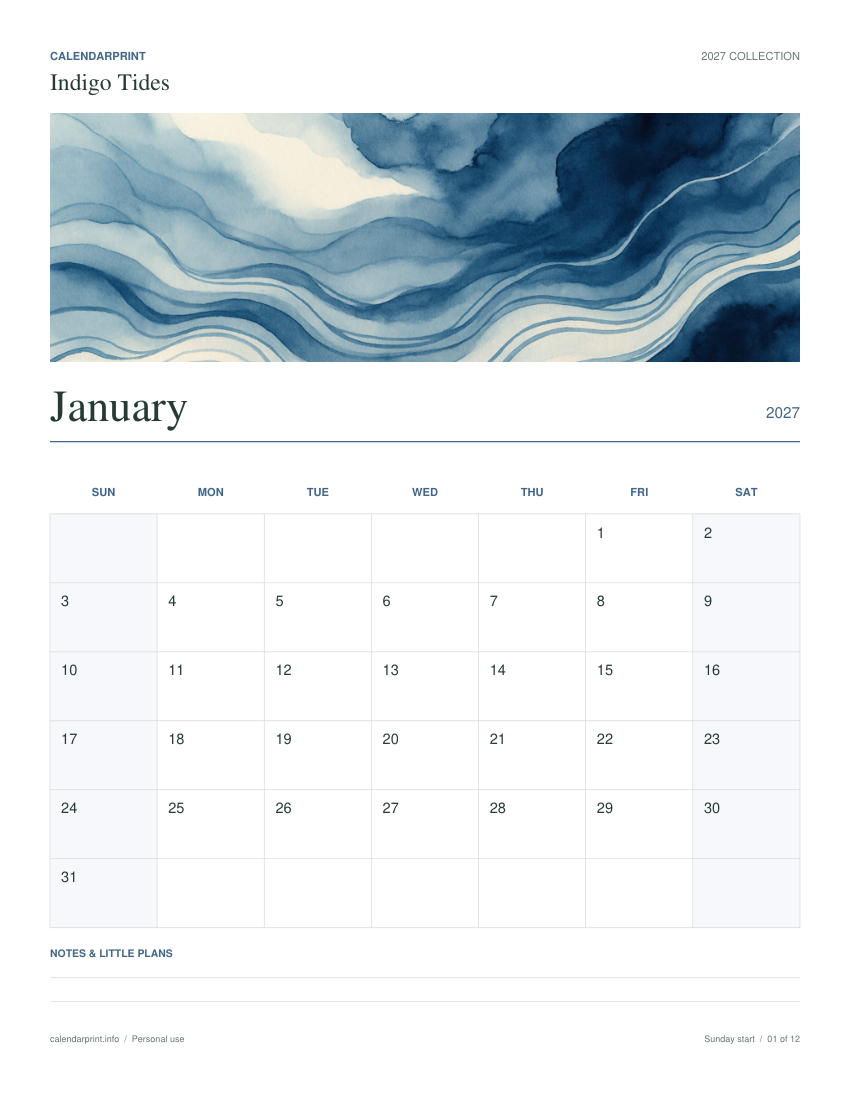 Indigo Tides January 2027 printable calendar preview