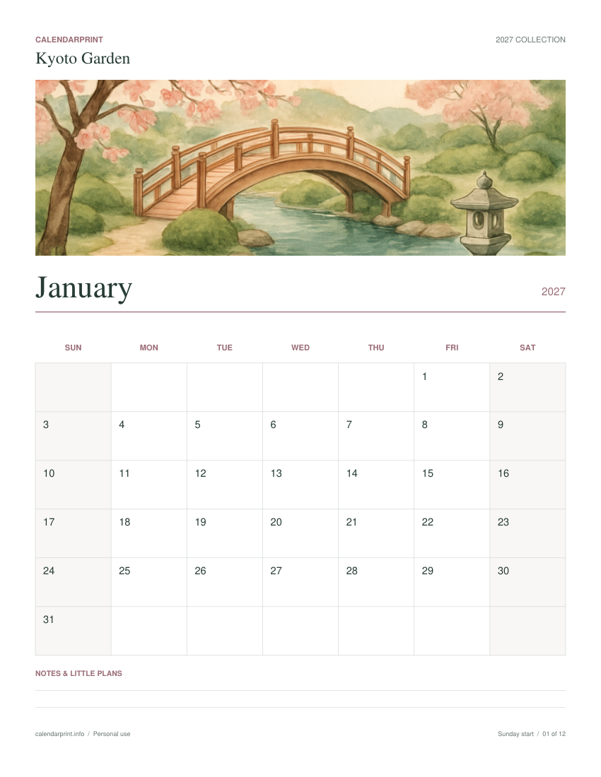 Kyoto Garden January 2027 printable calendar preview