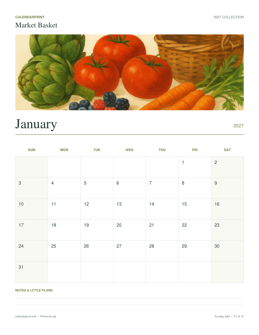 Market Basket January 2027 printable calendar preview
