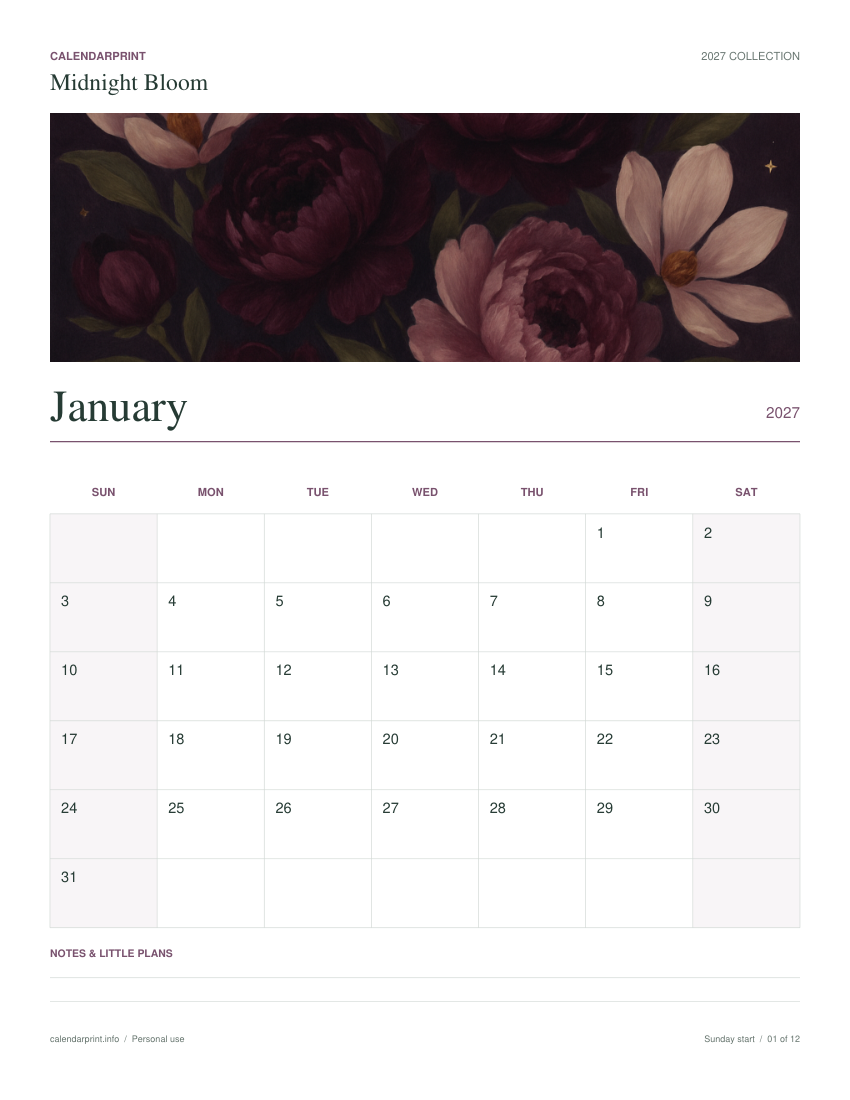 Midnight Bloom January 2027 printable calendar preview