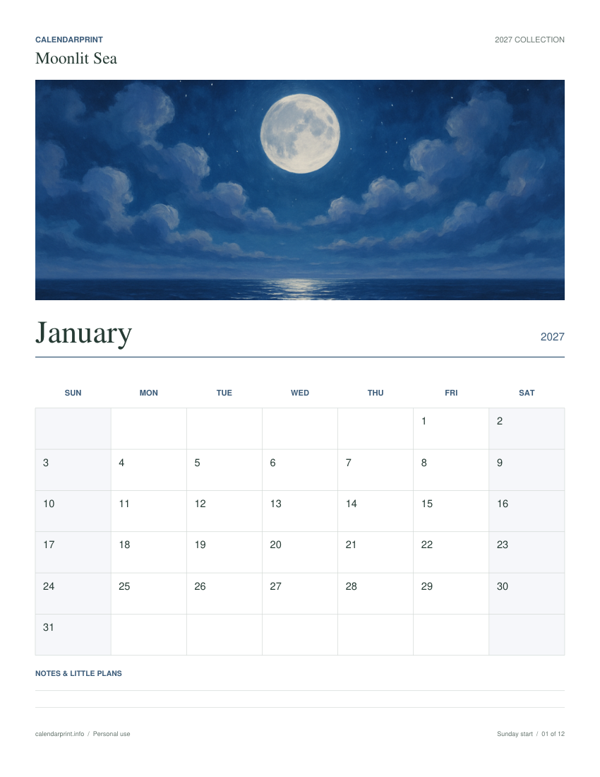 Moonlit Sea January 2027 printable calendar preview
