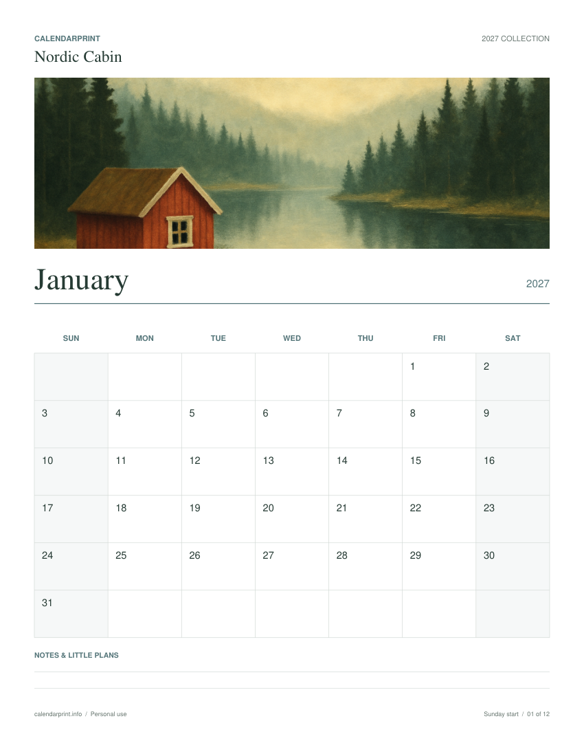Nordic Cabin January 2027 printable calendar preview