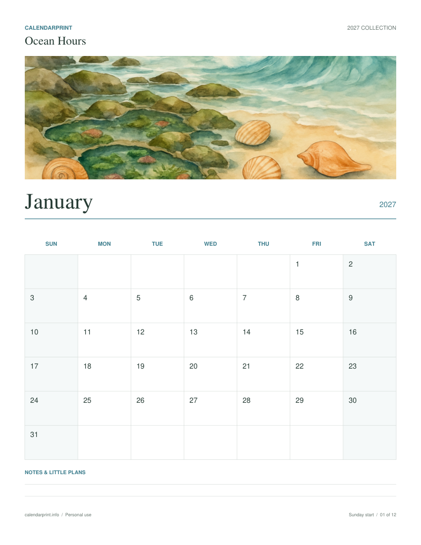 Ocean Hours January 2027 printable calendar preview