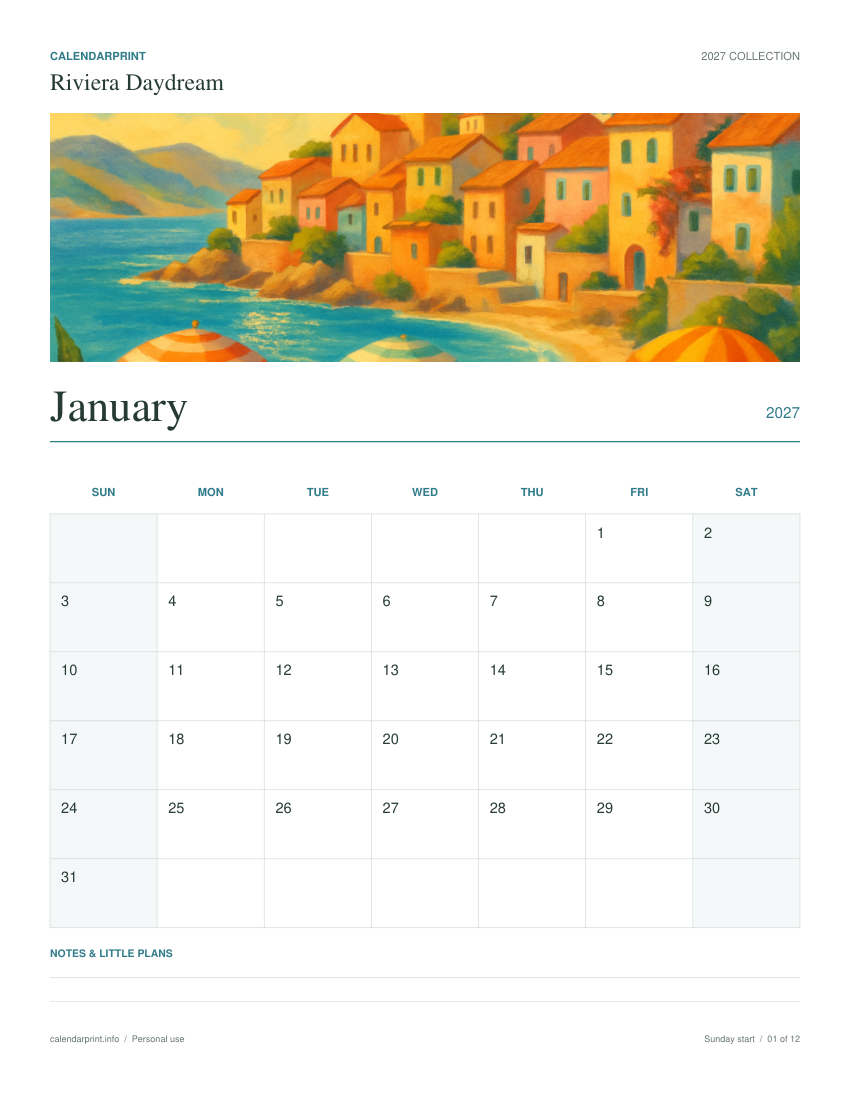 Riviera Daydream January 2027 printable calendar preview