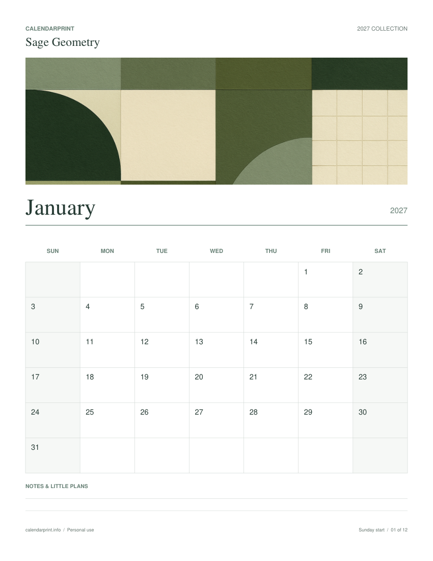 Sage Geometry January 2027 printable calendar preview