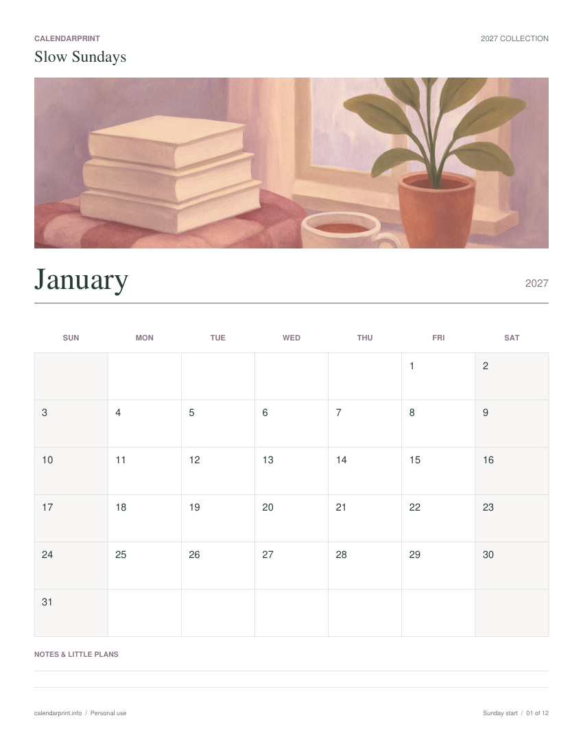 Slow Sundays January 2027 printable calendar preview