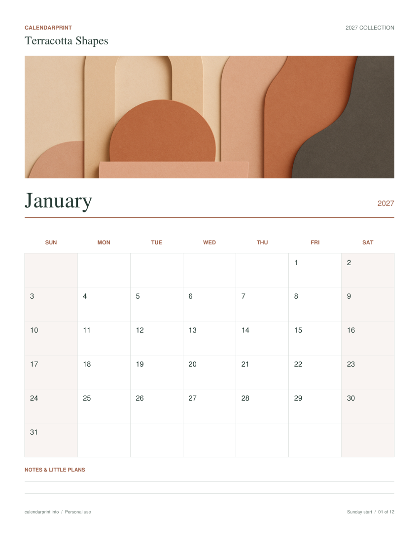 Terracotta Shapes January 2027 printable calendar preview