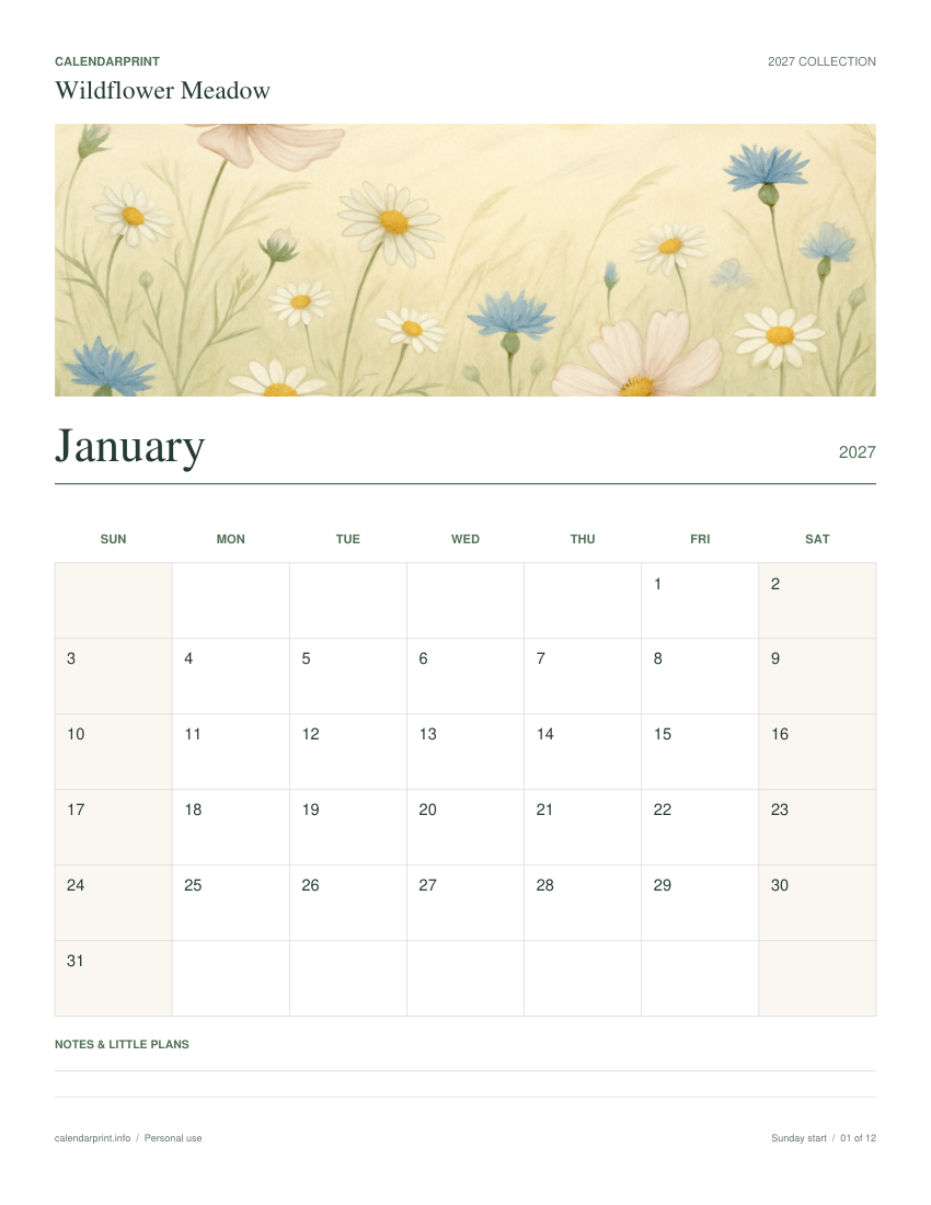 Wildflower Meadow January 2027 printable calendar preview