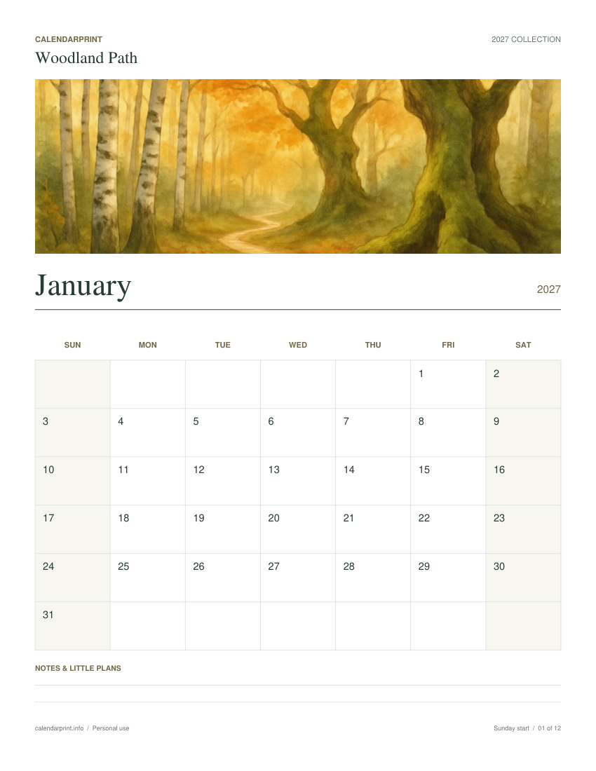 Woodland Path January 2027 printable calendar preview